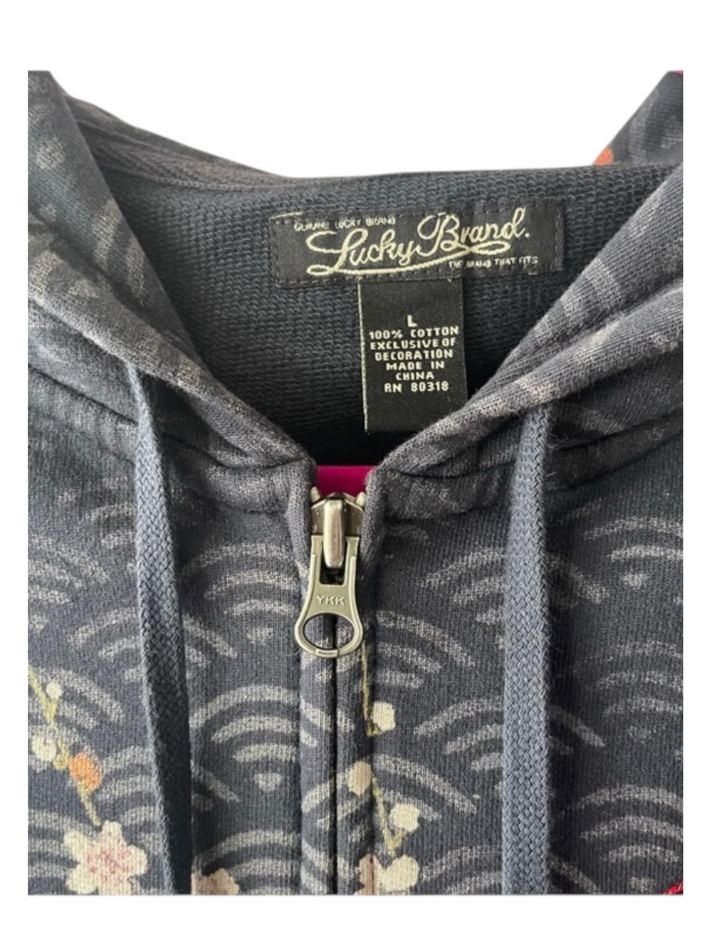 Rare: Y2K Lucky Brand ☂︎︎ Geisha Parasol Embroidery Zipper Hoodie ☂︎︎ Navy ☂︎︎ L - Picture 10 of 16
